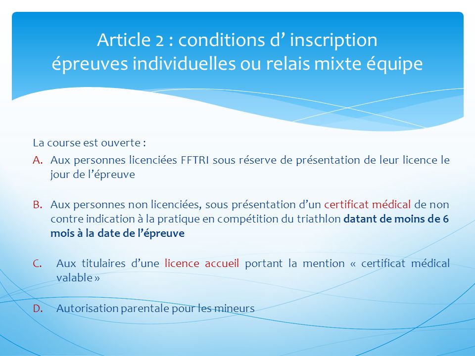 Article 2 : conditions d’ inscription épreuves individuelles ou relais mixte équipe