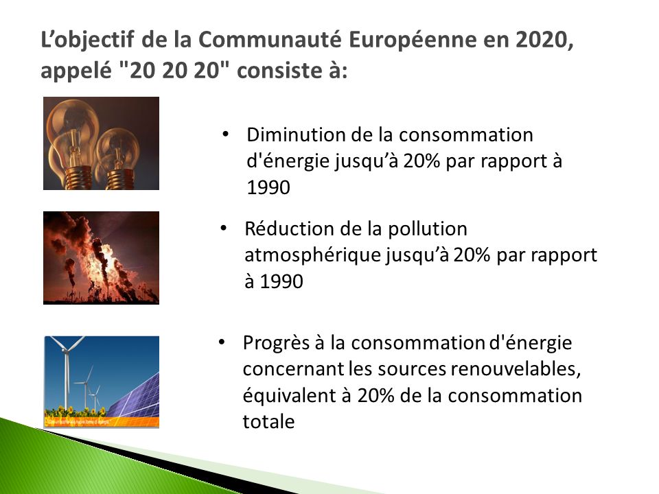 L’objectif de la Communauté Européenne en 2020, appelé consiste à:
