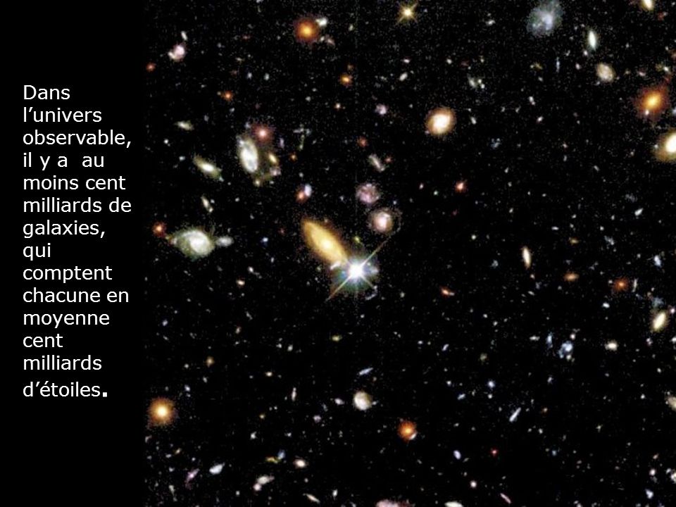 Dans l’univers observable, il y a au moins cent milliards de galaxies, qui comptent chacune en moyenne cent milliards d’étoiles.