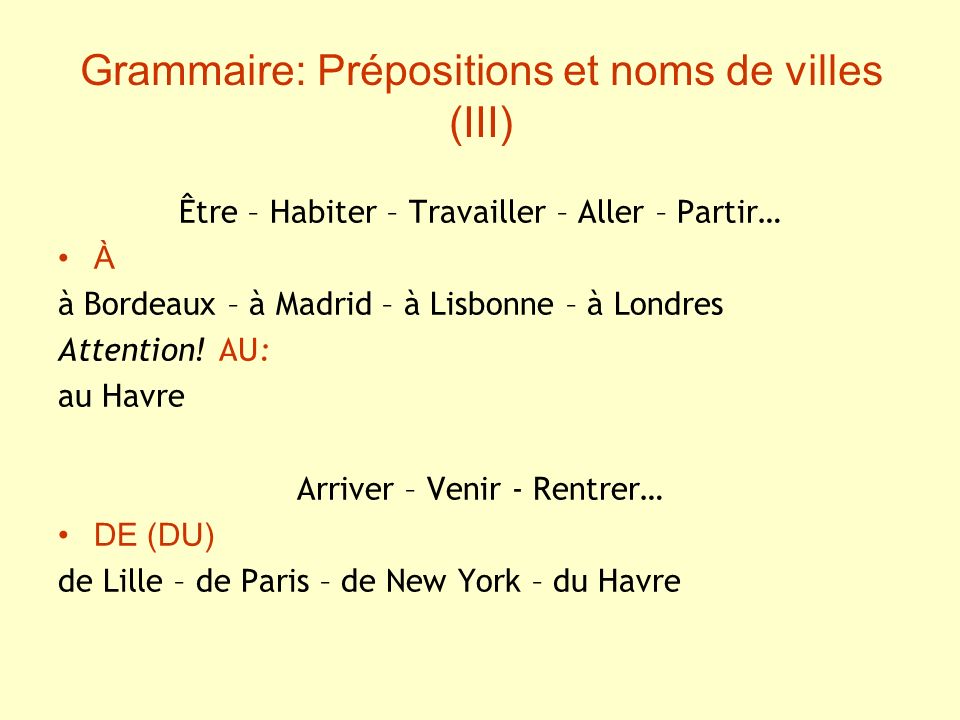 Grammaire: Prépositions et noms de villes (III)