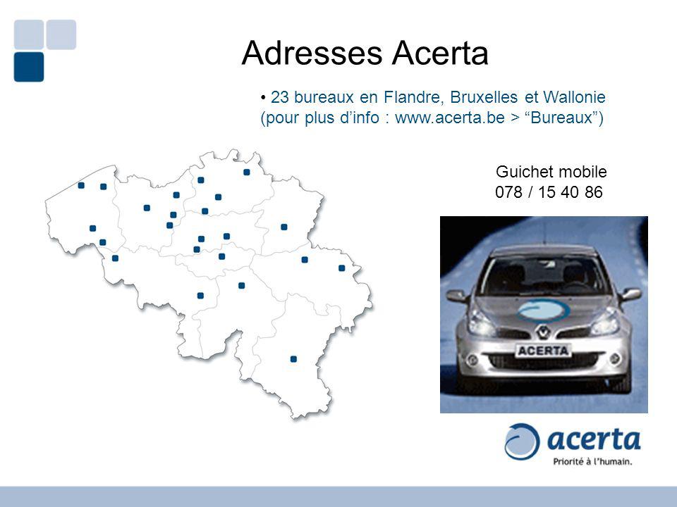 Adresses Acerta 23 bureaux en Flandre, Bruxelles et Wallonie (pour plus d’info :   > Bureaux )