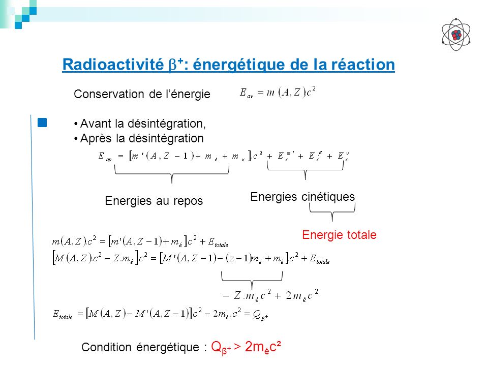 Radioactivité +: énergétique de la réaction