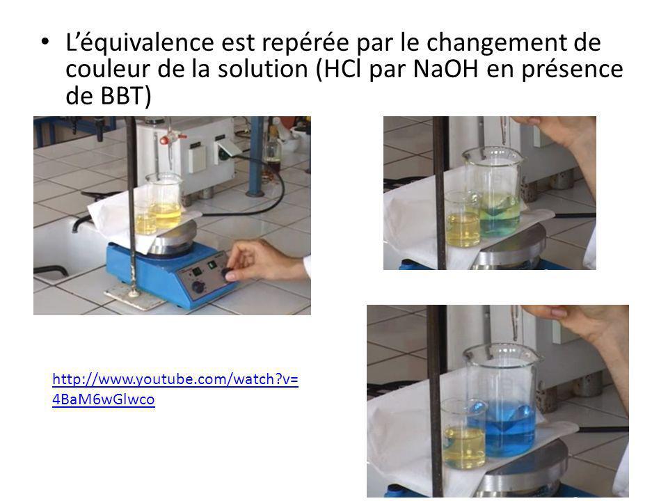 L’équivalence est repérée par le changement de couleur de la solution (HCl par NaOH en présence de BBT)