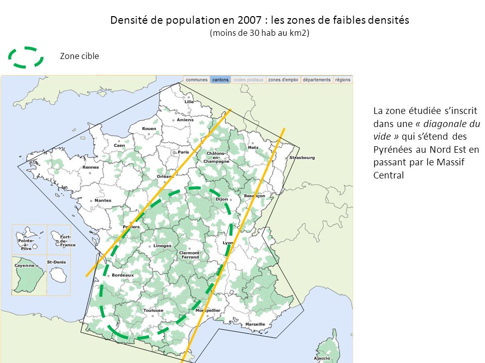 Densité de population en 2007 : les zones de faibles densités (moins de 30 hab au km2)