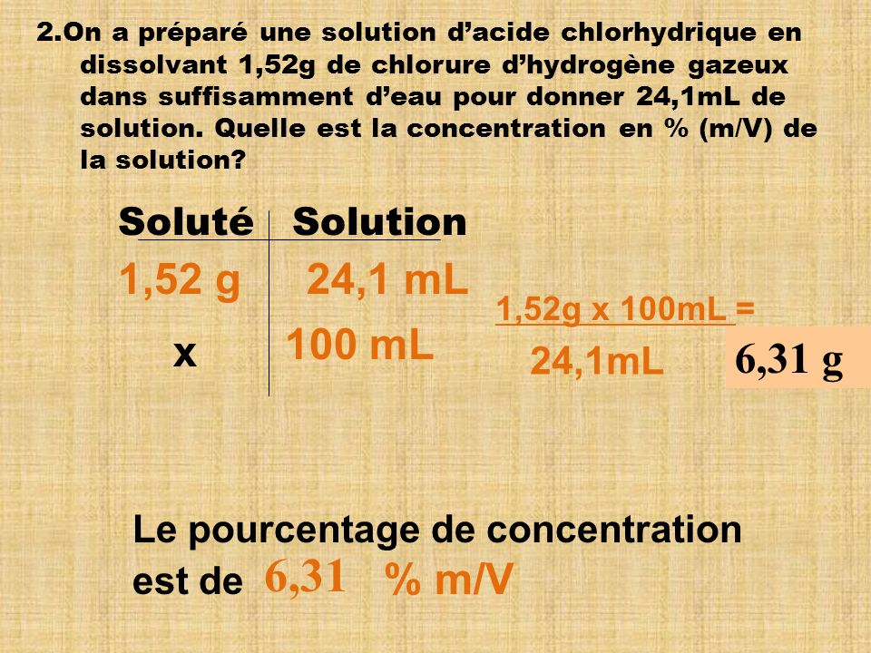 6,31 1,52 g 24,1 mL 100 mL x 6,31 g Soluté Solution 24,1mL