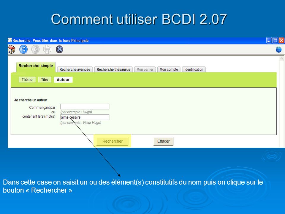 Comment utiliser BCDI 2.07 Dans cette case on saisit un ou des élément(s) constitutifs du nom puis on clique sur le bouton « Rechercher »