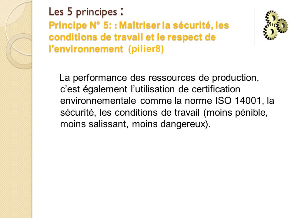 Les 5 principes : Principe N° 5: : Maîtriser la sécurité, les conditions de travail et le respect de l environnement (pilier8)