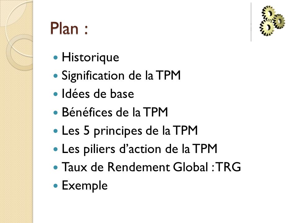 Plan : Historique Signification de la TPM Idées de base