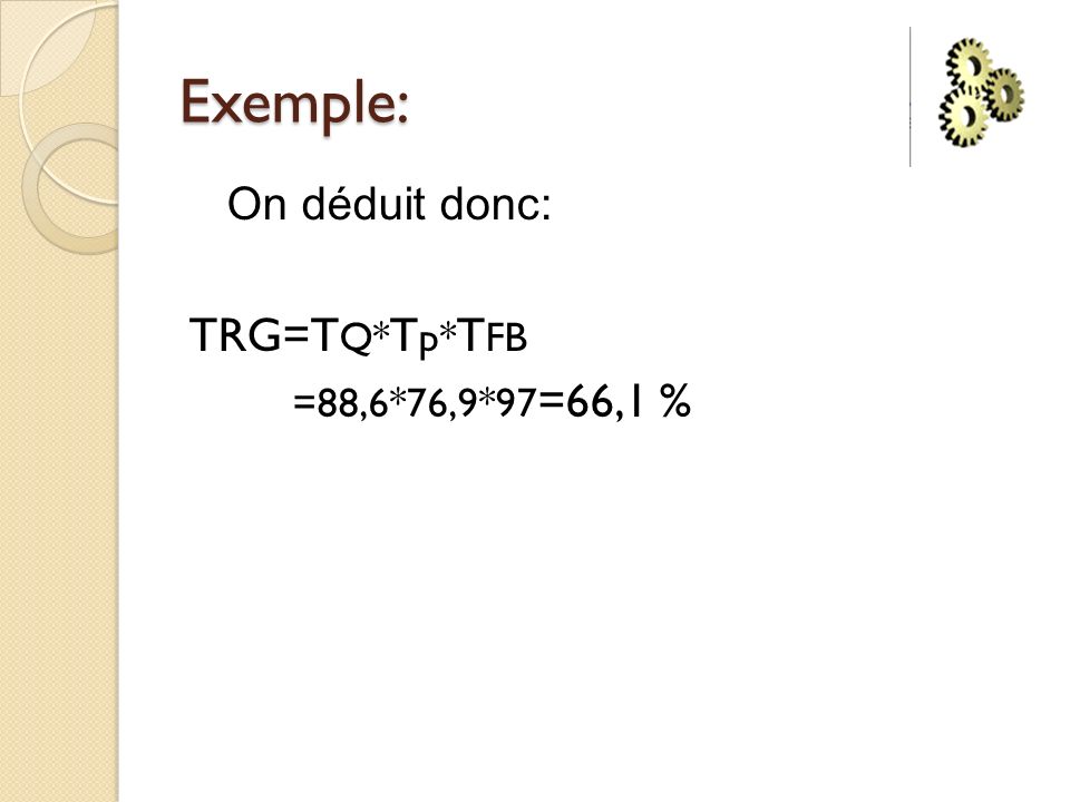 Exemple: On déduit donc: TRG=TQ*Tp*TFB =88,6*76,9*97=66,1 %