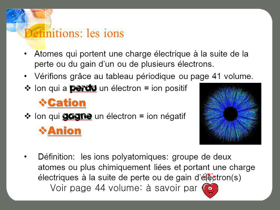 Définitions: les ions Cation Anion Voir page 44 volume: à savoir par