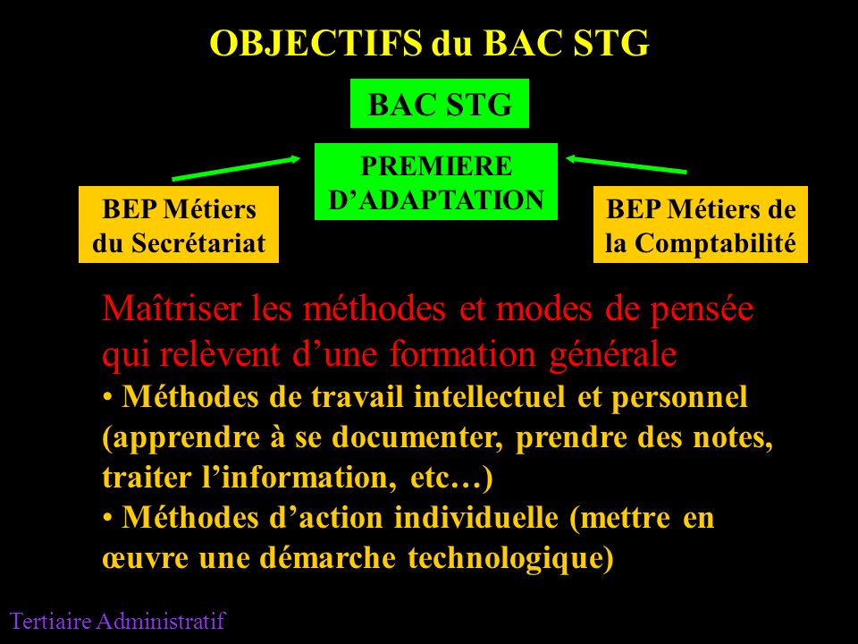 OBJECTIFS du BAC STG BAC STG. PREMIERE D’ADAPTATION. BEP Métiers du Secrétariat. BEP Métiers de la Comptabilité.