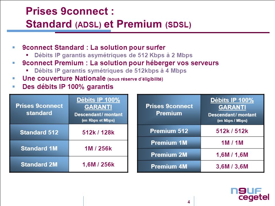 Prises 9connect : Standard (ADSL) et Premium (SDSL)