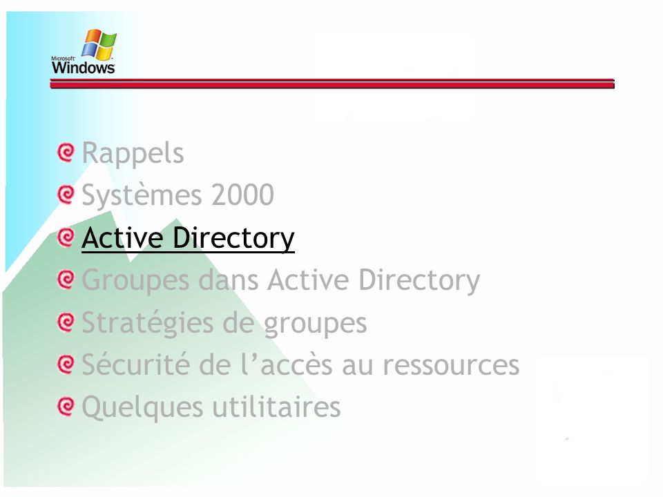 Rappels Systèmes Active Directory. Groupes dans Active Directory. Stratégies de groupes. Sécurité de l’accès au ressources.