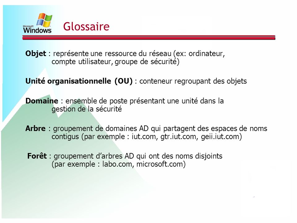 Glossaire Objet : représente une ressource du réseau (ex: ordinateur, compte utilisateur, groupe de sécurité)