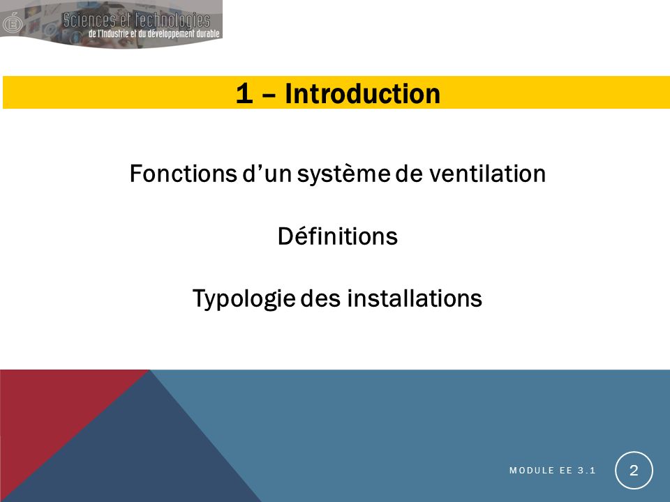 1 – Introduction Fonctions d’un système de ventilation Définitions Typologie des installations.