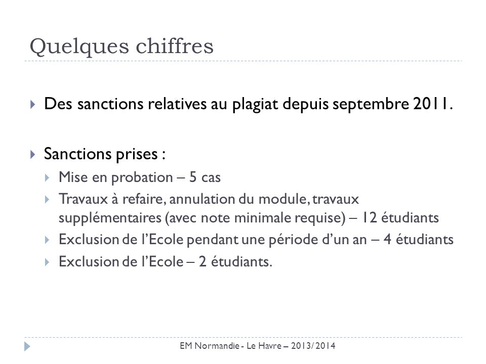 Quelques chiffres Des sanctions relatives au plagiat depuis septembre Sanctions prises : Mise en probation – 5 cas.