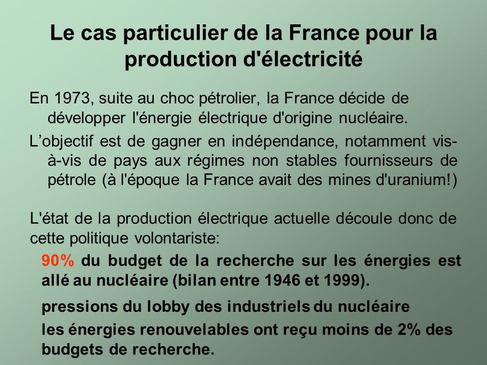 Le cas particulier de la France pour la production d électricité