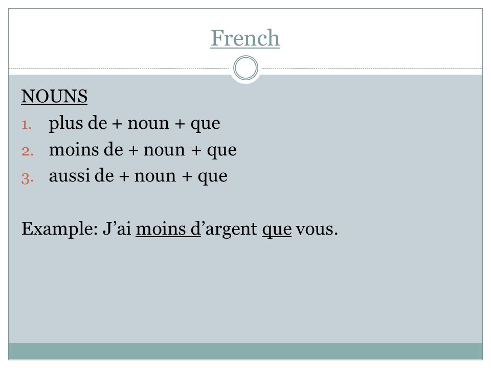 French NOUNS plus de + noun + que moins de + noun + que