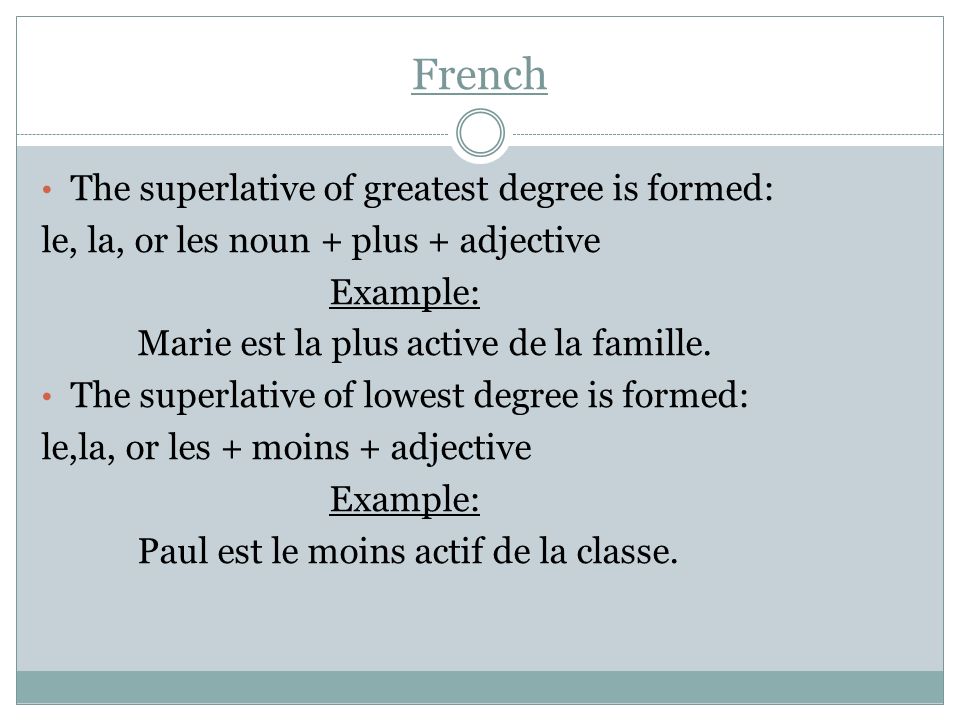 French The superlative of greatest degree is formed: