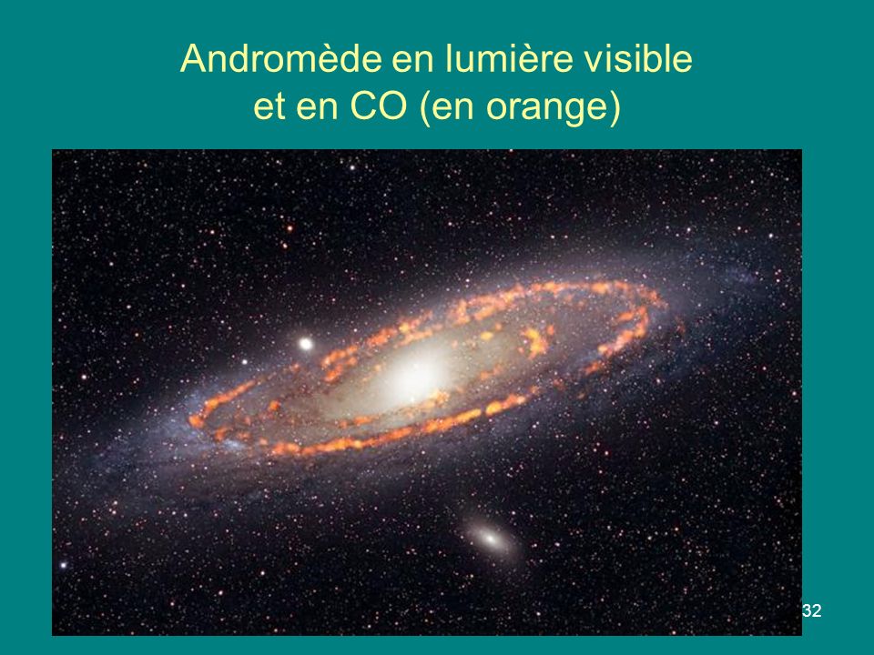 Andromède en lumière visible et en CO (en orange)
