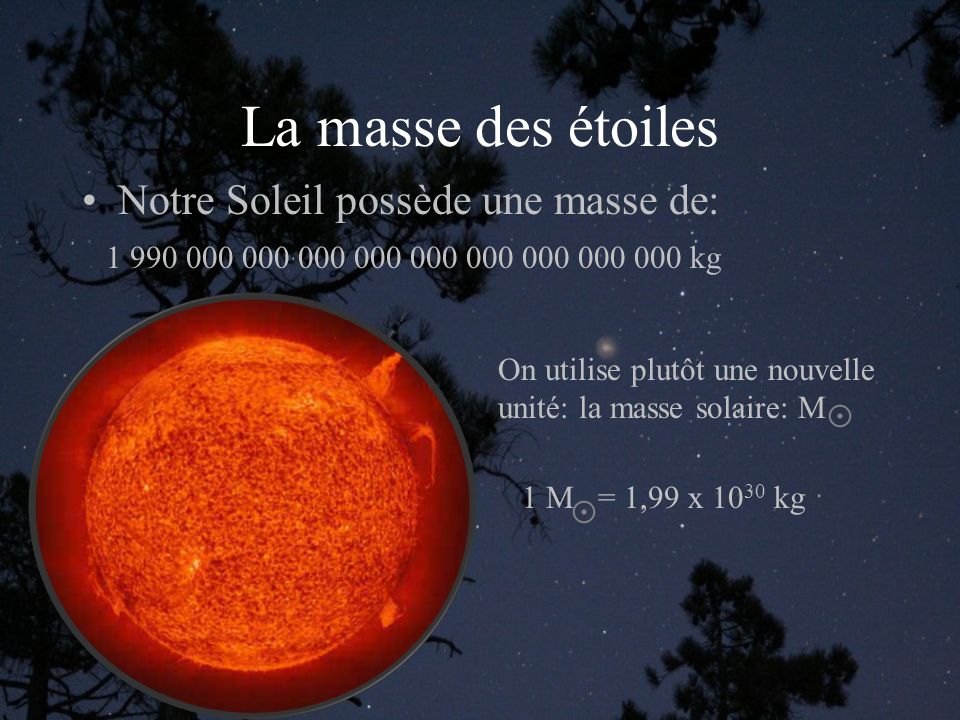 La masse des étoiles Notre Soleil possède une masse de: