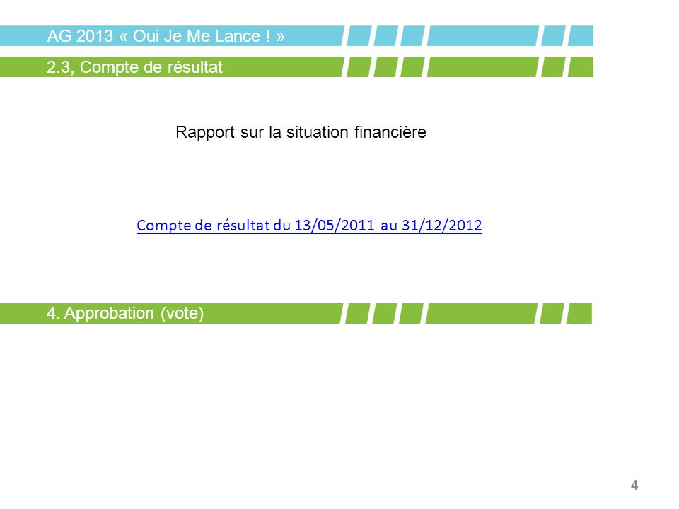 AG 2013 « Oui Je Me Lance ! » 2.3, Compte de résultat. Rapport sur la situation financière. Compte de résultat du 13/05/2011 au 31/12/2012.