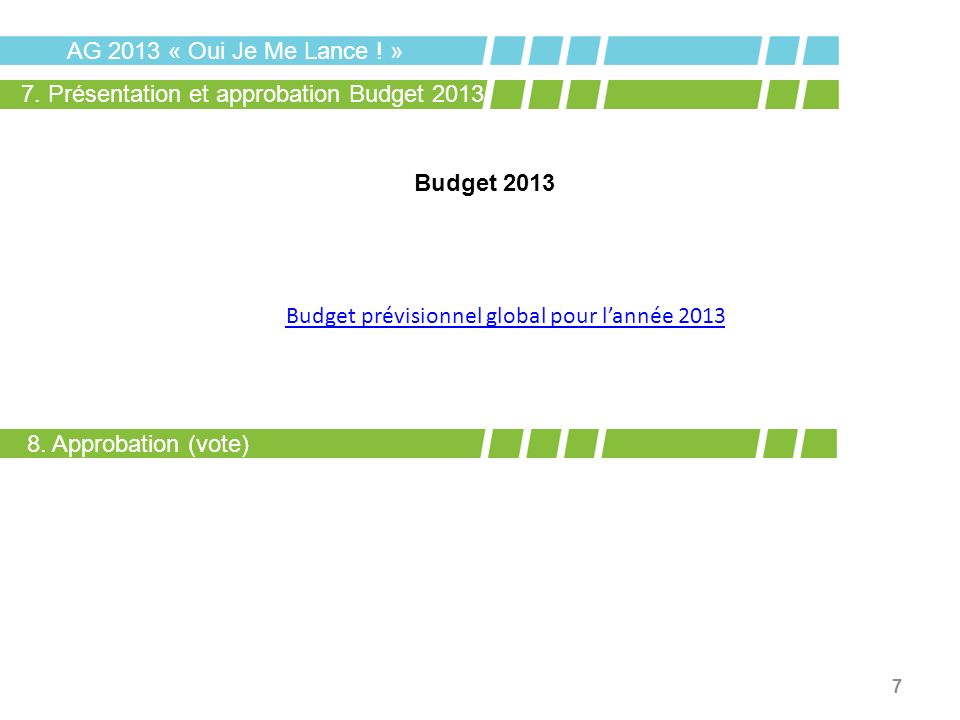 AG 2013 « Oui Je Me Lance ! » 7. Présentation et approbation Budget Budget Budget prévisionnel global pour l’année