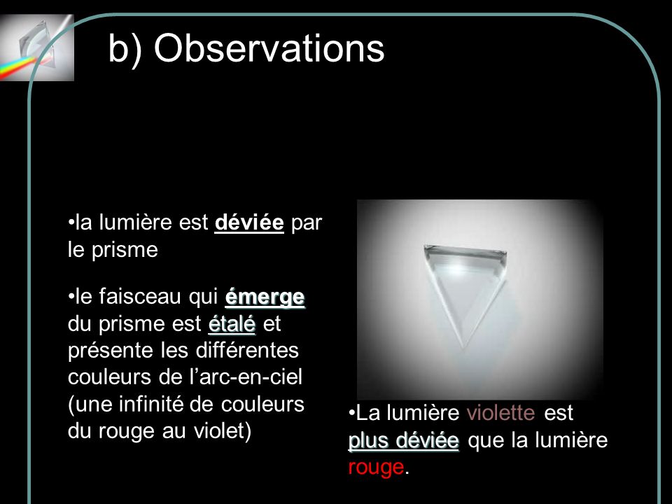 b) Observations la lumière est déviée par le prisme