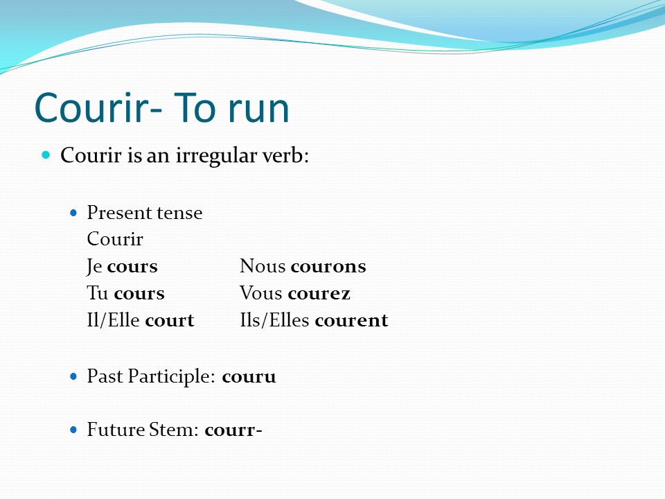 Courir- To run Courir is an irregular verb: Present tense Courir