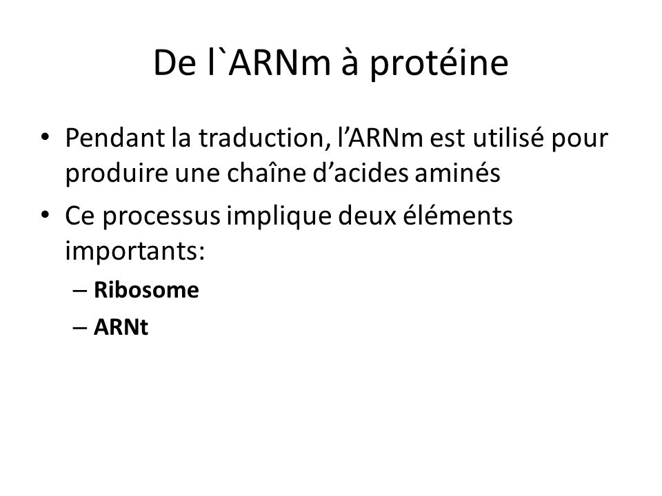 De l`ARNm à protéine Pendant la traduction, l’ARNm est utilisé pour produire une chaîne d’acides aminés.