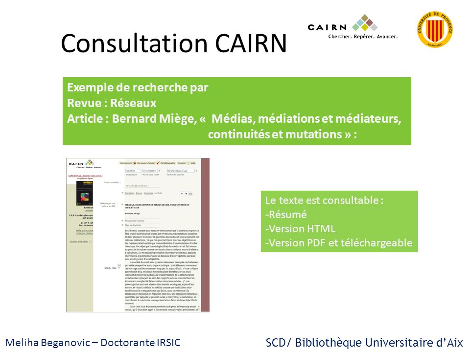 Consultation CAIRN Exemple de recherche par Revue : Réseaux