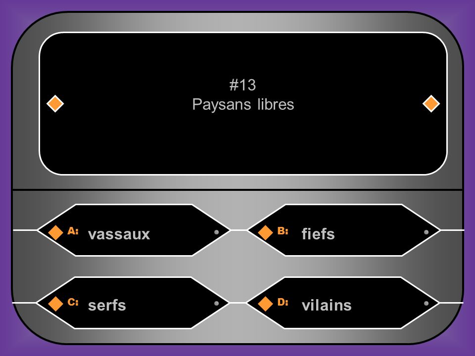 #13 Paysans libres A: vassaux B: fiefs C: serfs D: vilains