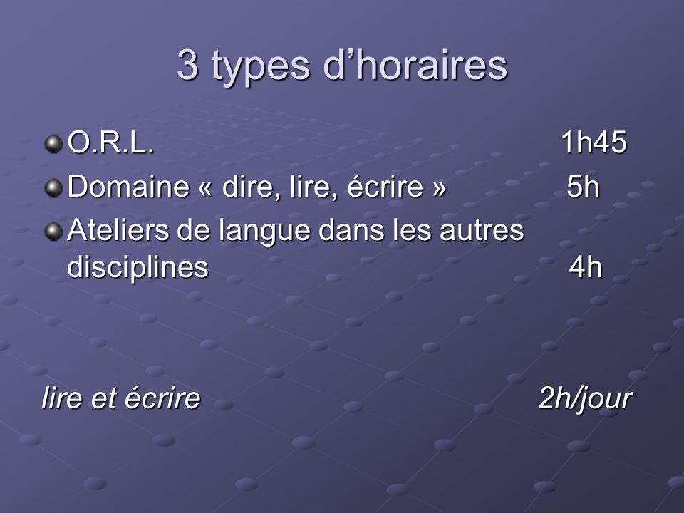 3 types d’horaires O.R.L. 1h45 Domaine « dire, lire, écrire » 5h
