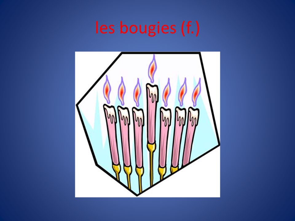 les bougies (f.) Vous avez combien de bougies sur ton gâteau d’aniversaire J’en ai _____.