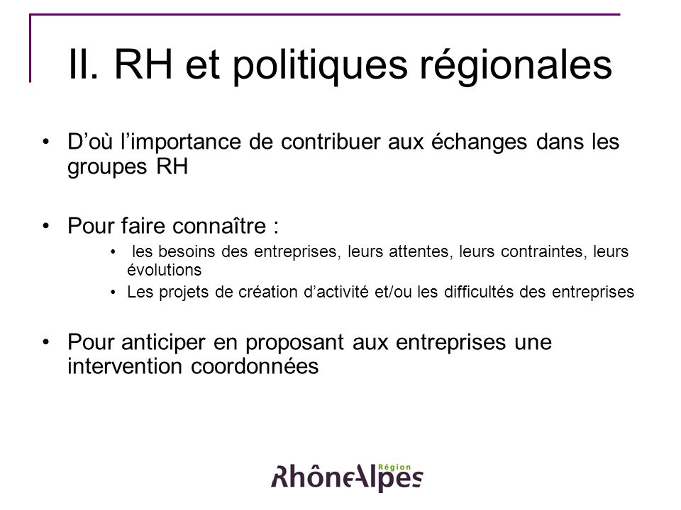 II. RH et politiques régionales