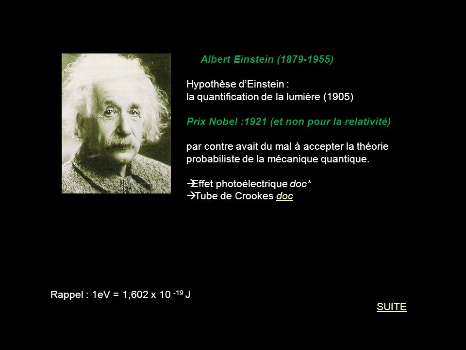 Albert Einstein ( ) Hypothèse d’Einstein : la quantification de la lumière (1905) Prix Nobel :1921 (et non pour la relativité)