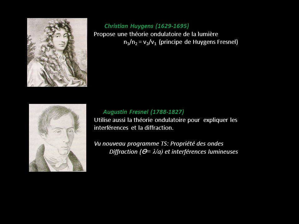Christian Huygens ( ) Propose une théorie ondulatoire de la lumière n1/n2 = v2/v1 (principe de Huygens Fresnel)