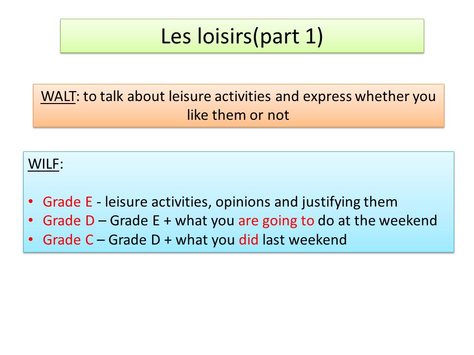 Les loisirs(part 1) WALT: to talk about leisure activities and express whether you like them or not.