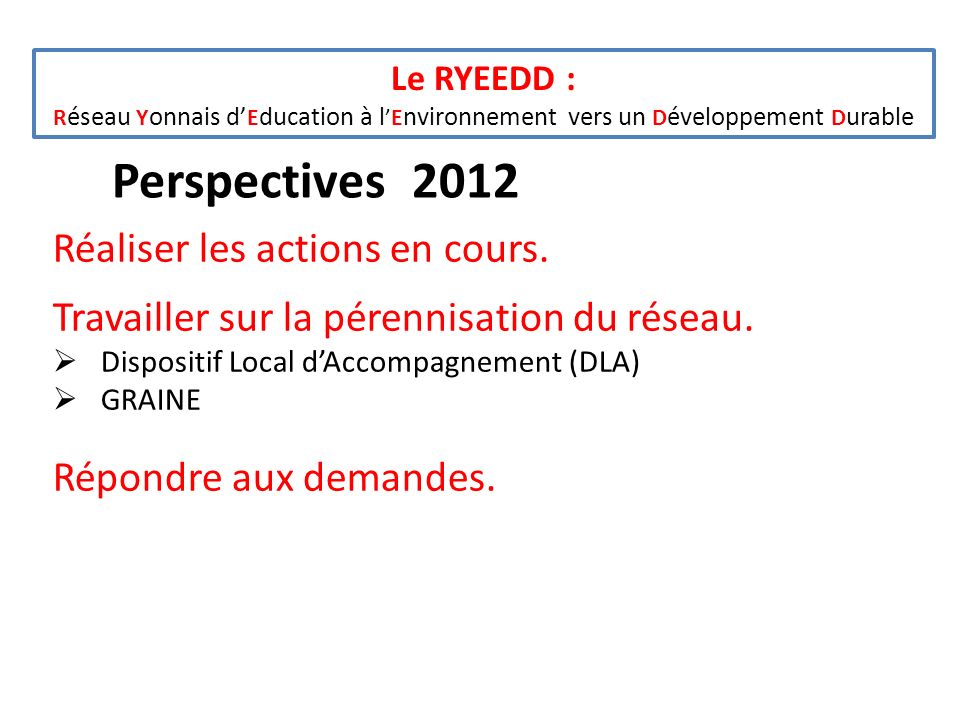 Perspectives 2012 Réaliser les actions en cours.
