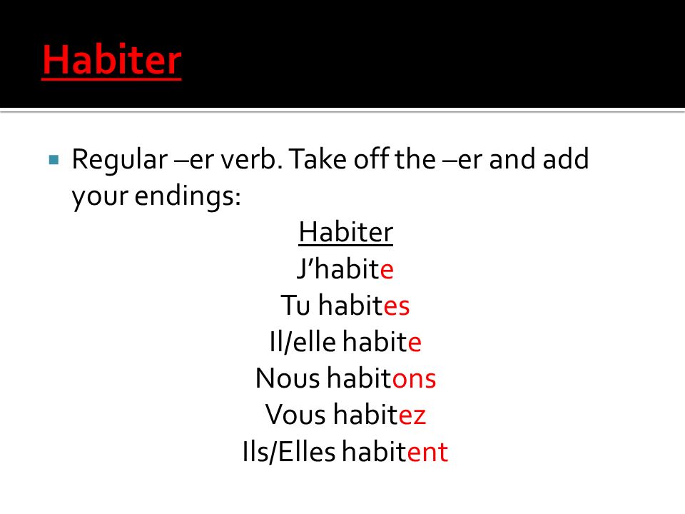 Habiter Regular –er verb. Take off the –er and add your endings: