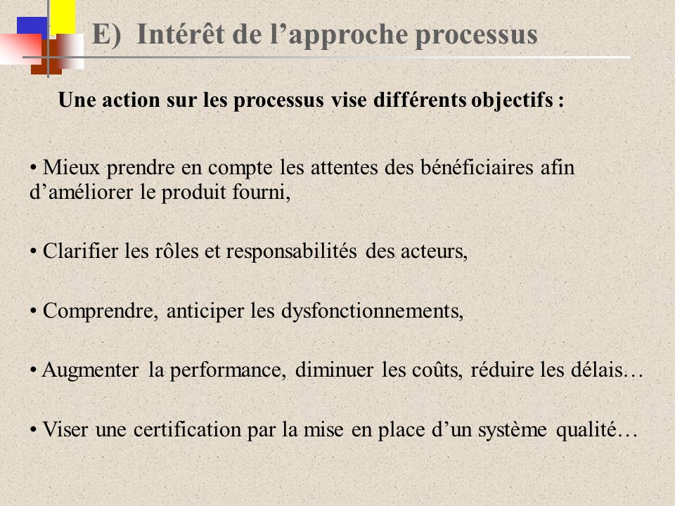E) Intérêt de l’approche processus