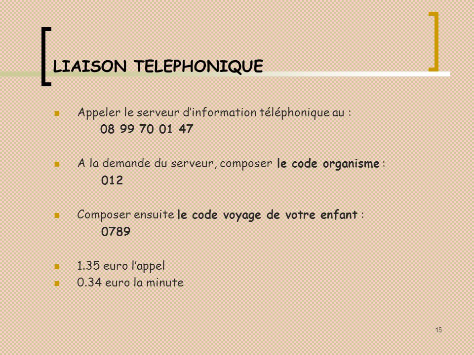 LIAISON TELEPHONIQUE Appeler le serveur d’information téléphonique au : A la demande du serveur, composer le code organisme :