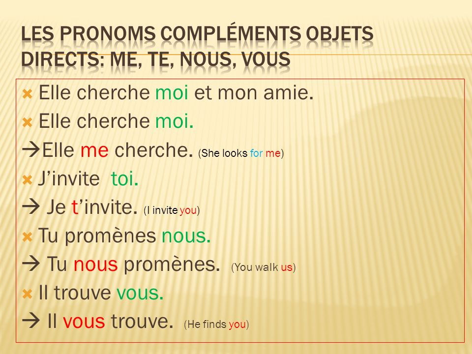 Les Pronoms compléments objets directs: me, te, nous, vous