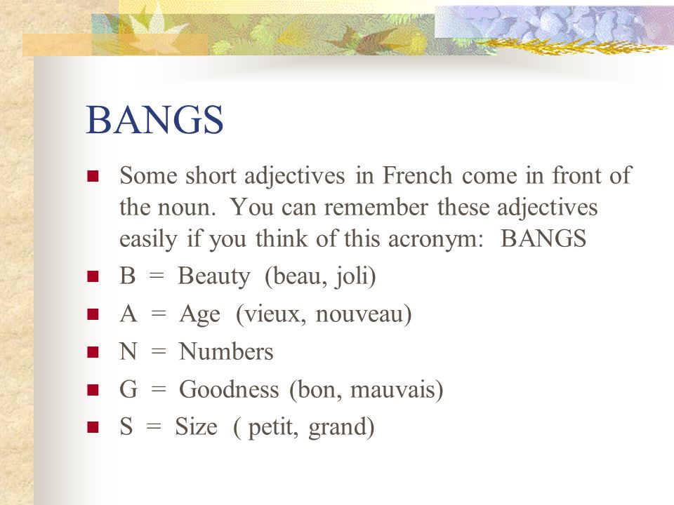 BANGS Some short adjectives in French come in front of the noun. You can remember these adjectives easily if you think of this acronym: BANGS.