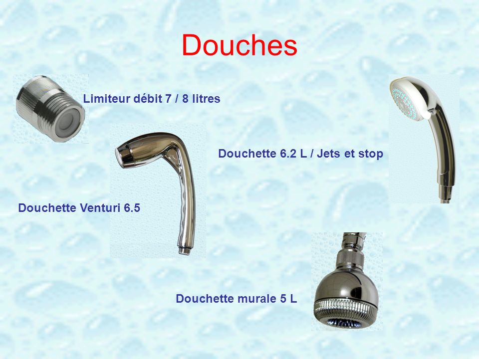 Douches Limiteur débit 7 / 8 litres Douchette 6.2 L / Jets et stop