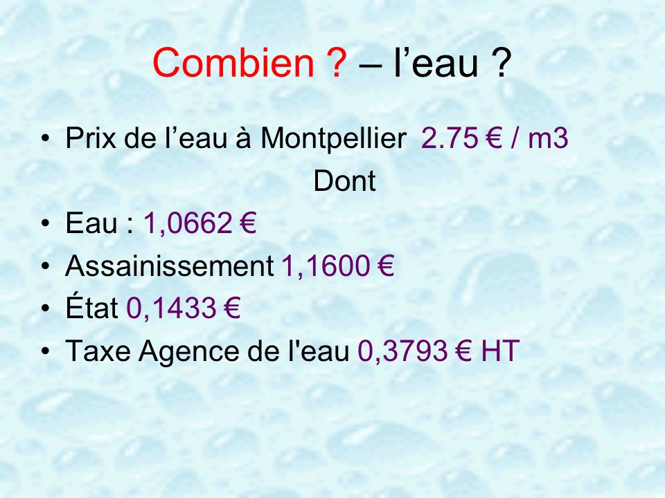 Combien – l’eau Prix de l’eau à Montpellier 2.75 € / m3 Dont