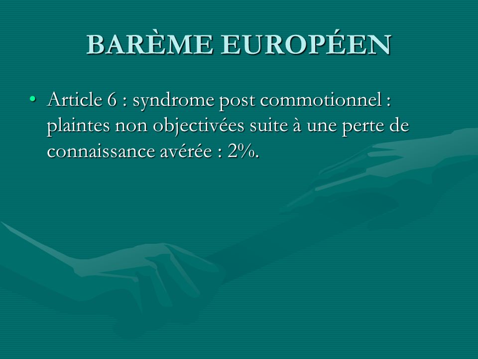 BARÈME EUROPÉEN Article 6 : syndrome post commotionnel : plaintes non objectivées suite à une perte de connaissance avérée : 2%.