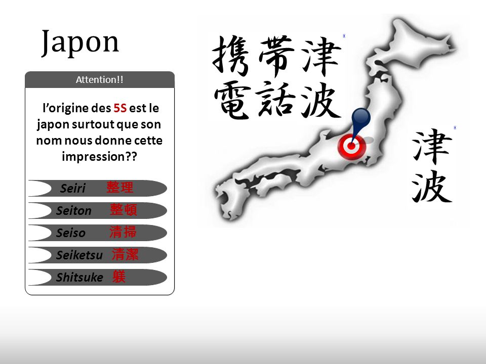 Japon Attention!! l’origine des 5S est le japon surtout que son nom nous donne cette impression Seiri 整理.