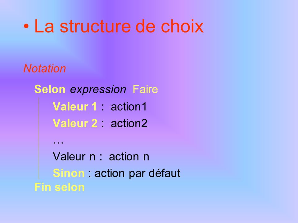 La structure de choix Notation Selon expression Faire