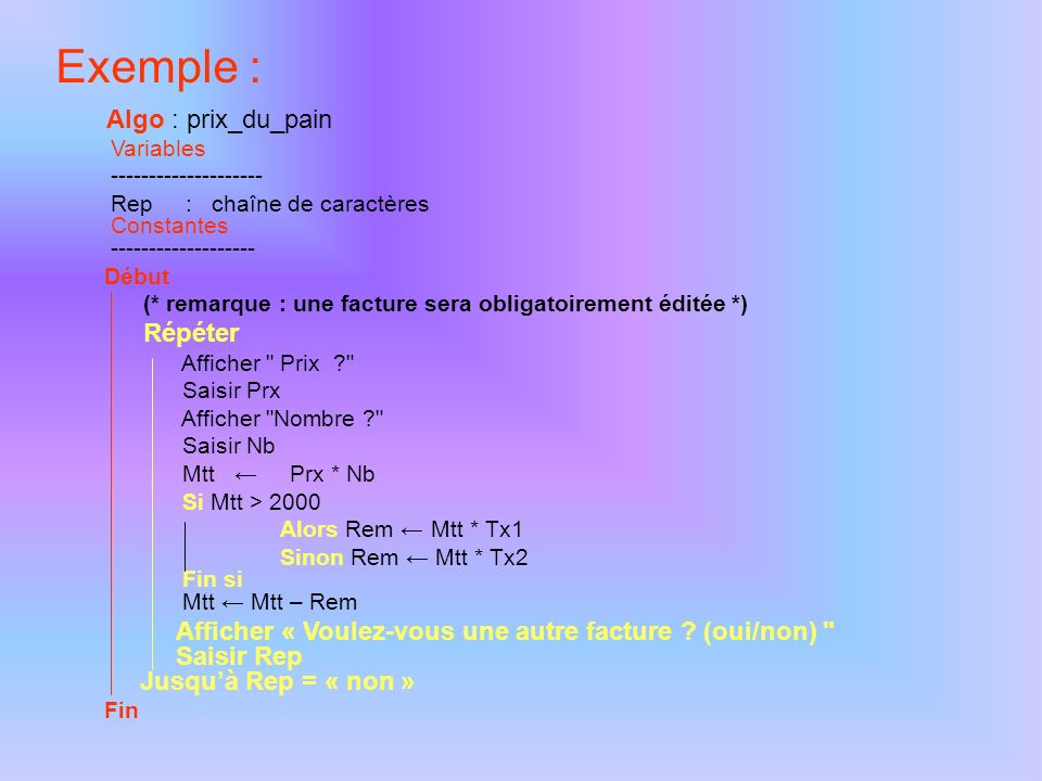 Exemple : Algo : prix_du_pain Variables